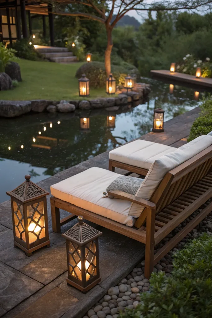 26 wooden benches with soft cushions positioned
