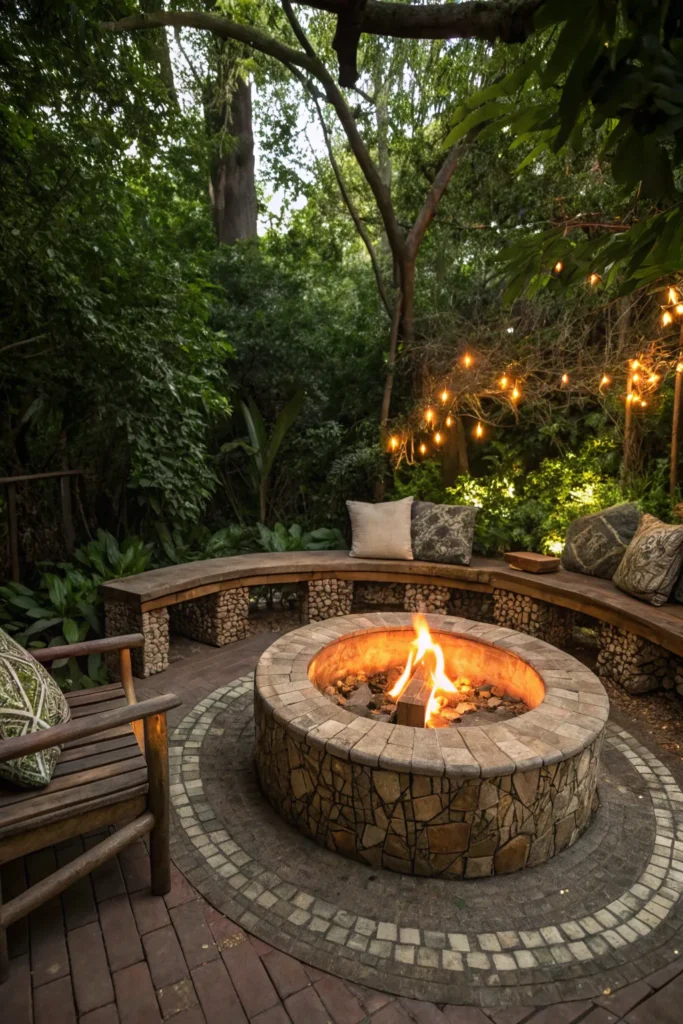 27 a circular mosaic tile fire pit surrounded by