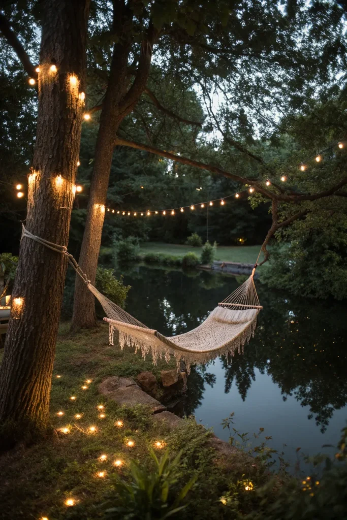 27 a hammock strung between trees beside the pon