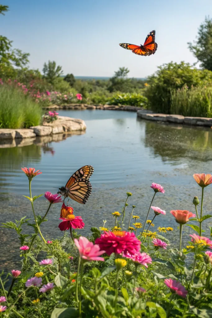27 butterfly pond a pond surrounded by floweri