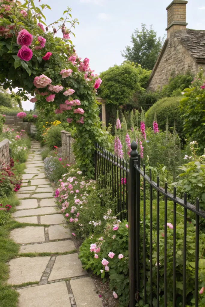 27 english cottage garden a black fence behind c