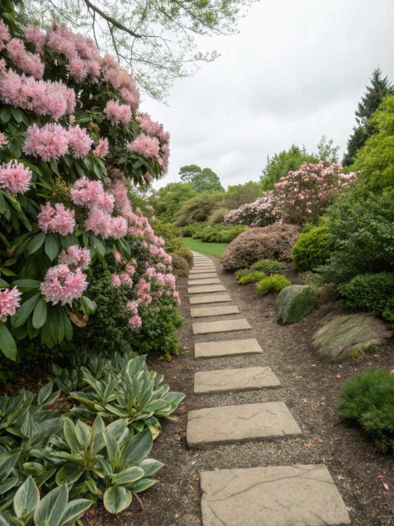 27 peaceful walkway bordered with rhododendron c