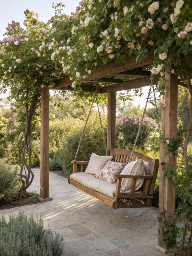 27 realistic photo of a wooden swing hanging unde