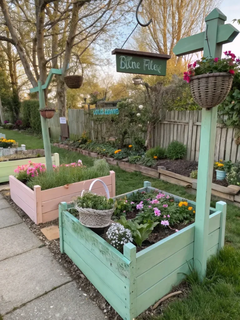 27playful cottage garden with mint green painted s