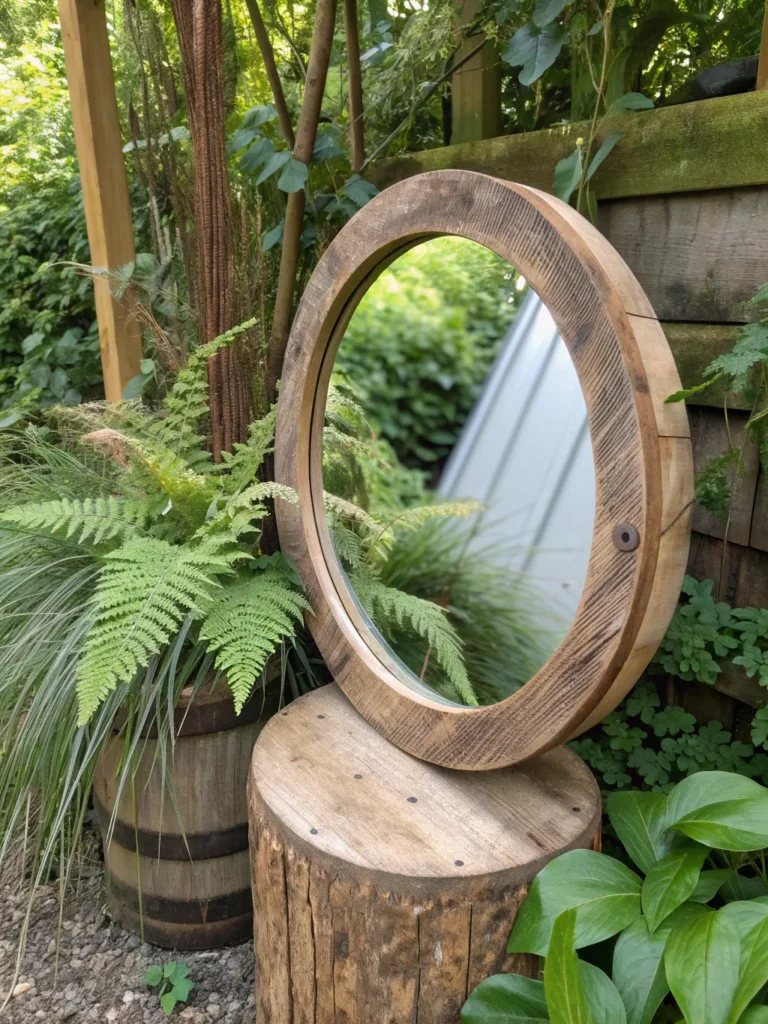 28 a round mirror with thick reclaimed wood frame