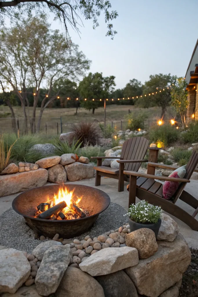 28 a steel tray fire pit surrounded by rustic out