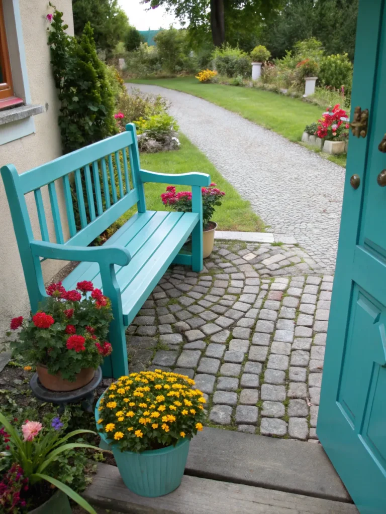 28 brightly painted turquoise bench near garden e