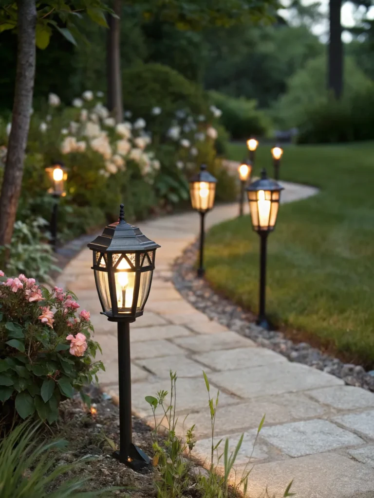 28 classic stake lanterns lining a garden path e