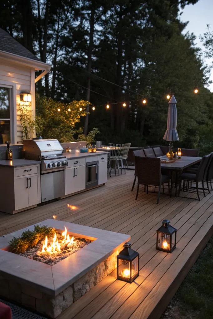 28 deck kitchen with cozy fire pit featuring a m