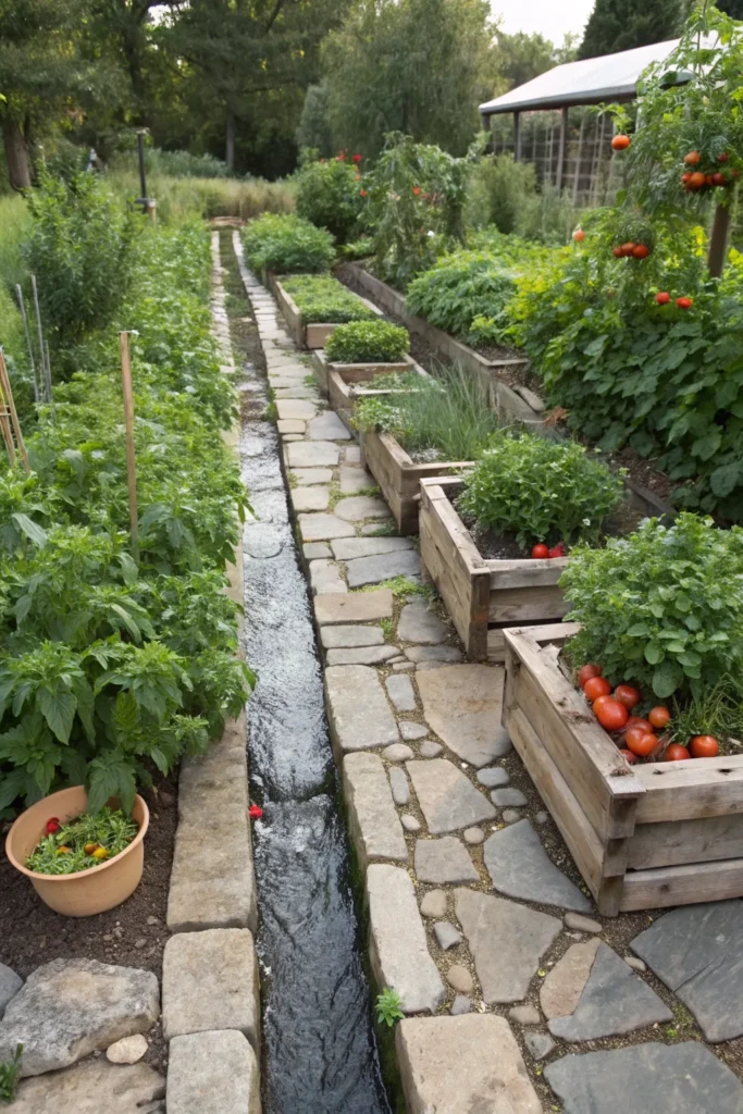 28 edible garden with streams irrigating produce