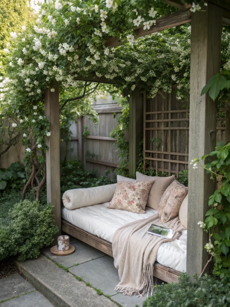 28 small courtyard garden with a cushioned daybed