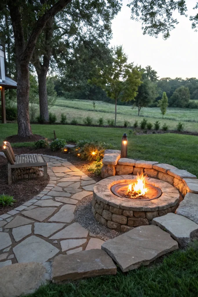 29 a circular fire pit surrounded by rustic stone