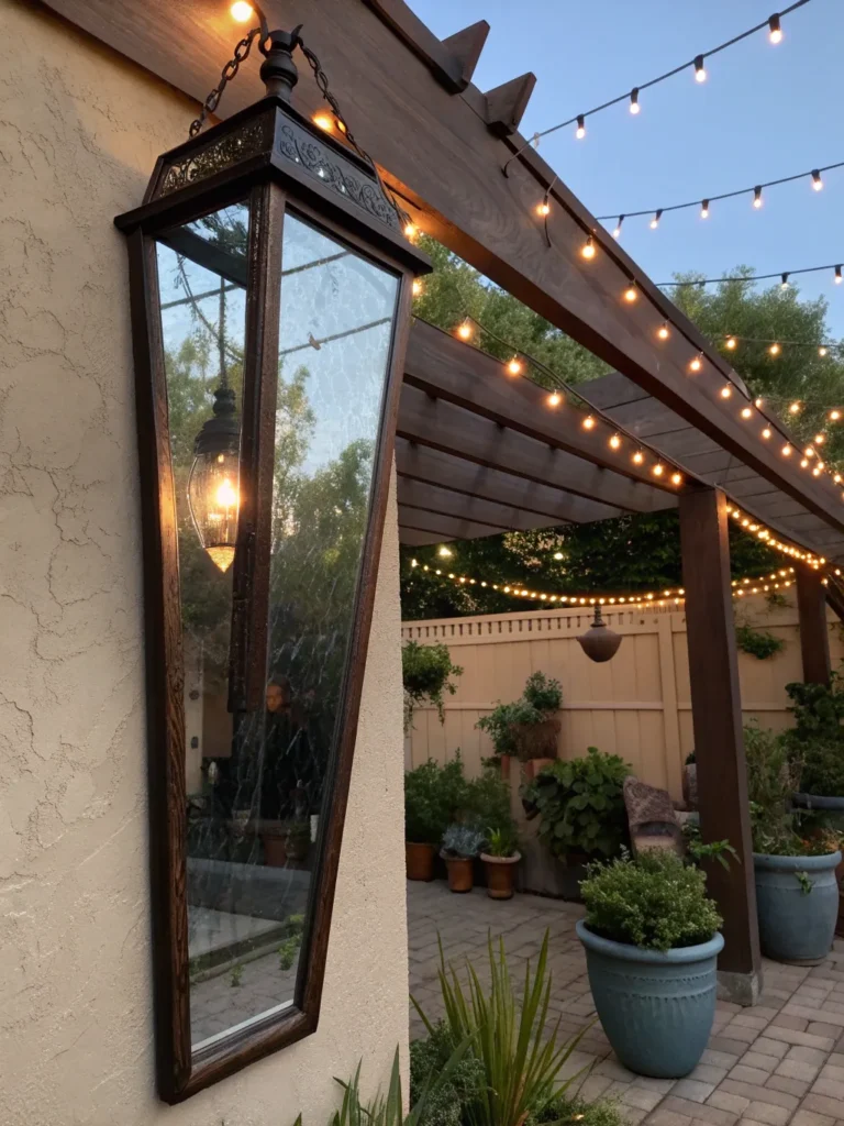 29 a tall narrow mirror shaped like a garden lan