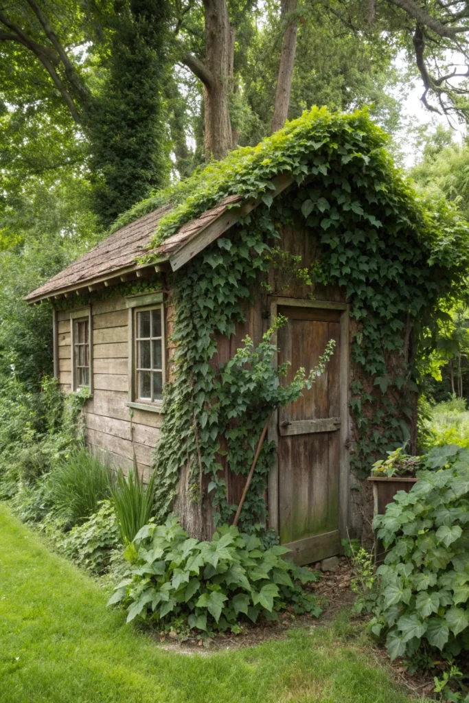 29 tiny wooden shed with overgrown ivy realisti