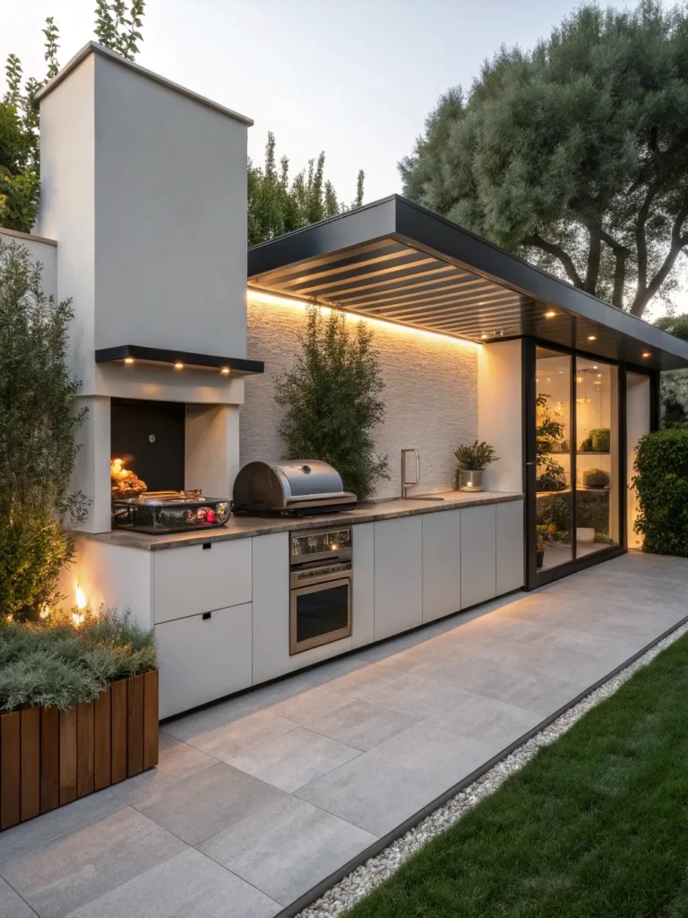 2realistic photo of a modern outdoor kitchen featu