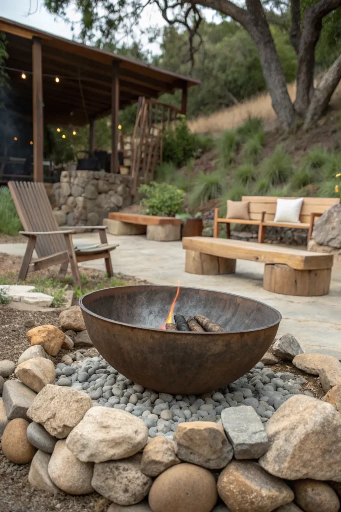3 a metal fire bowl sits in a rustic outdoor sett