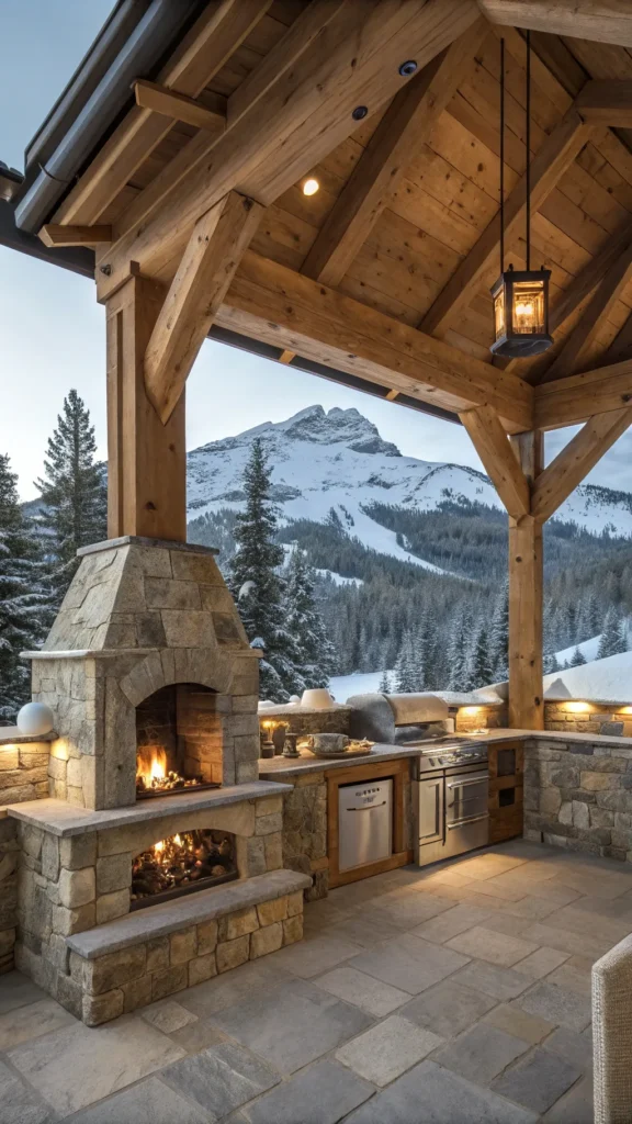3 alpine outdoor kitchen with fireplace mounta
