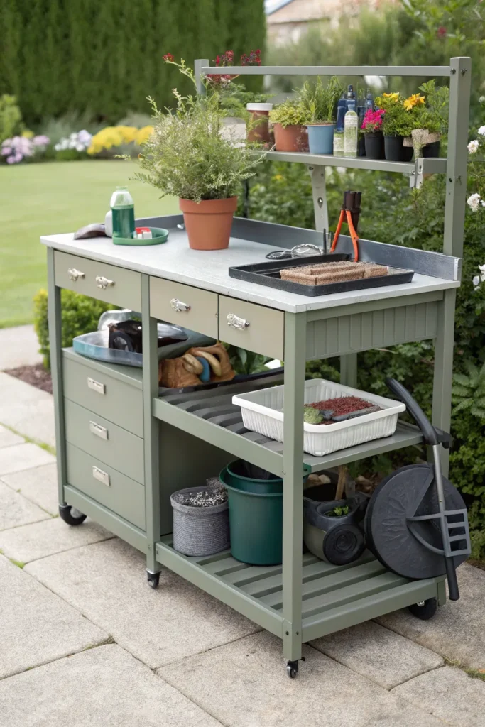 3 bench with rolling wheels for mobility potting