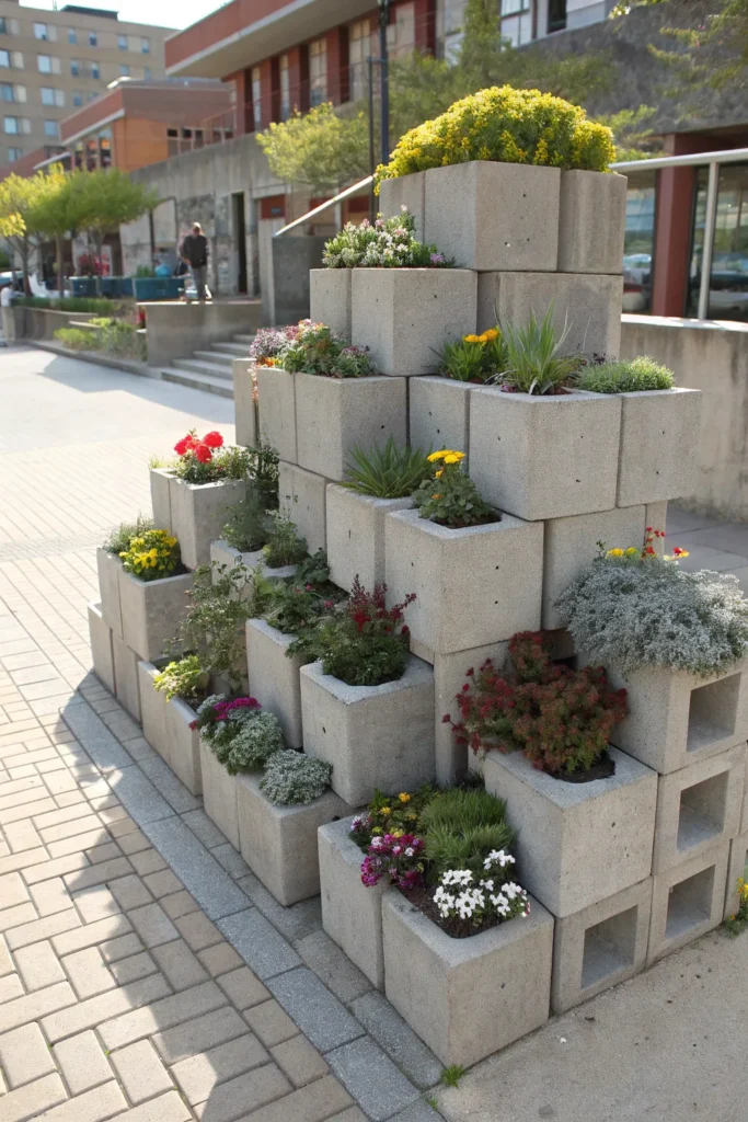 3 cinder block garden stacked grey cinder bloc