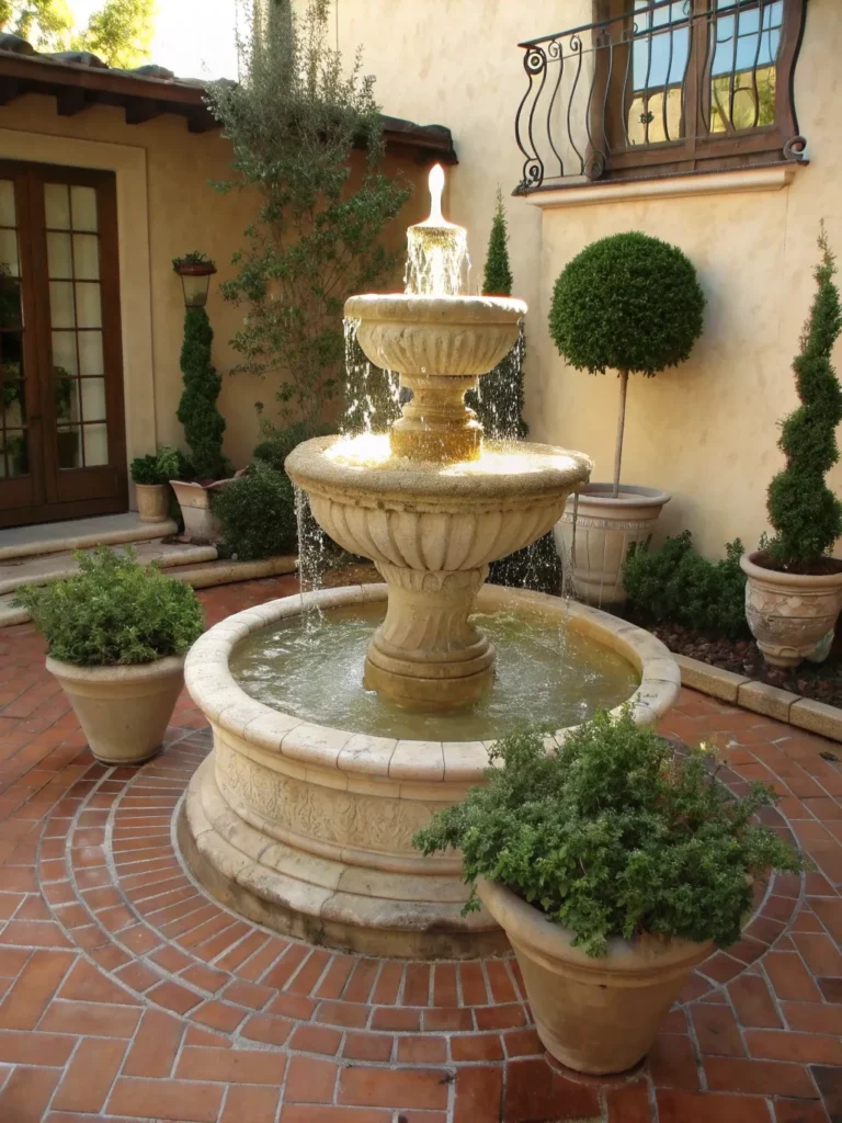 3 elegant limestone tiered fountain in the middle