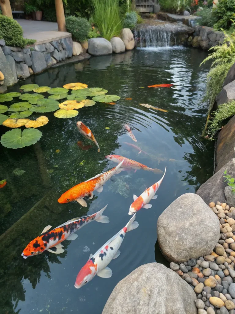 3 koi fish pond a crystal clear pond filled wi