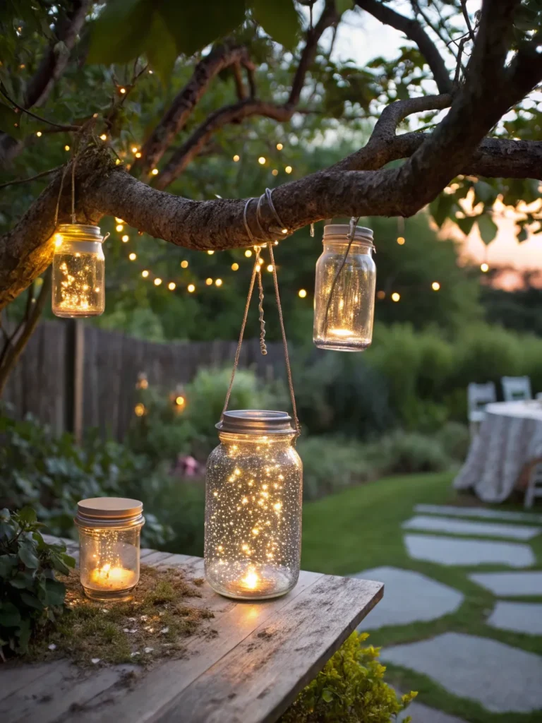 3 mason jars filled with fairy lights hanging fro
