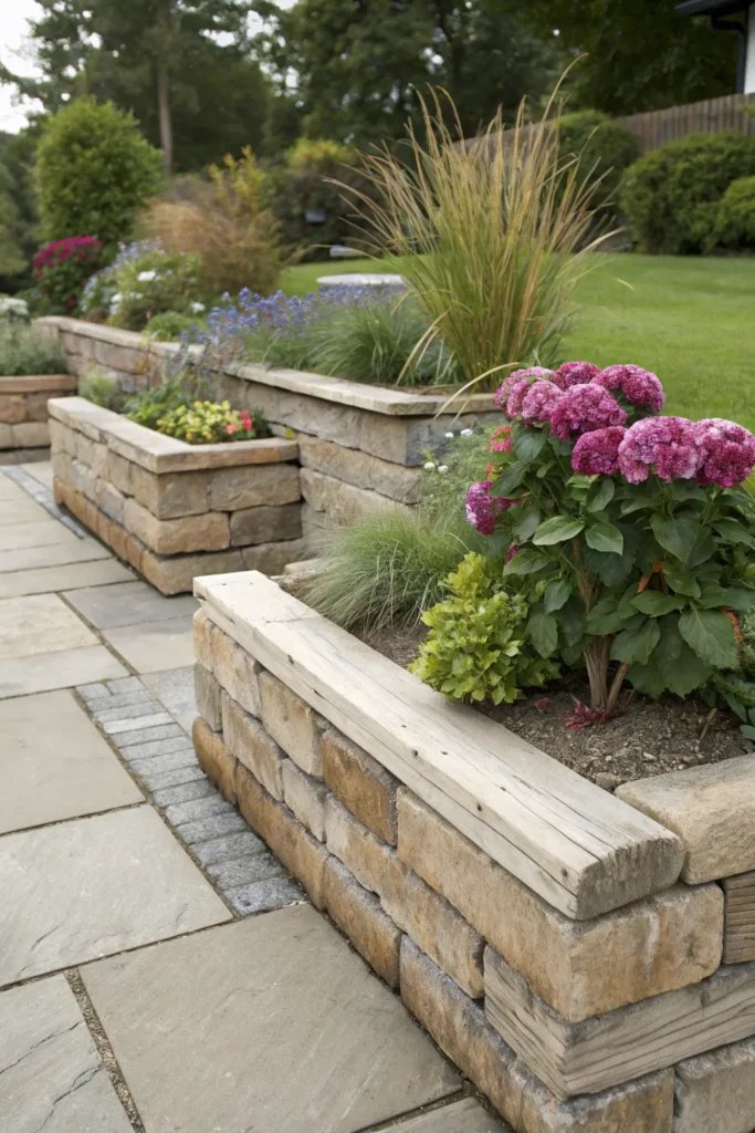3 raised stone borders with sleepers rustic wo