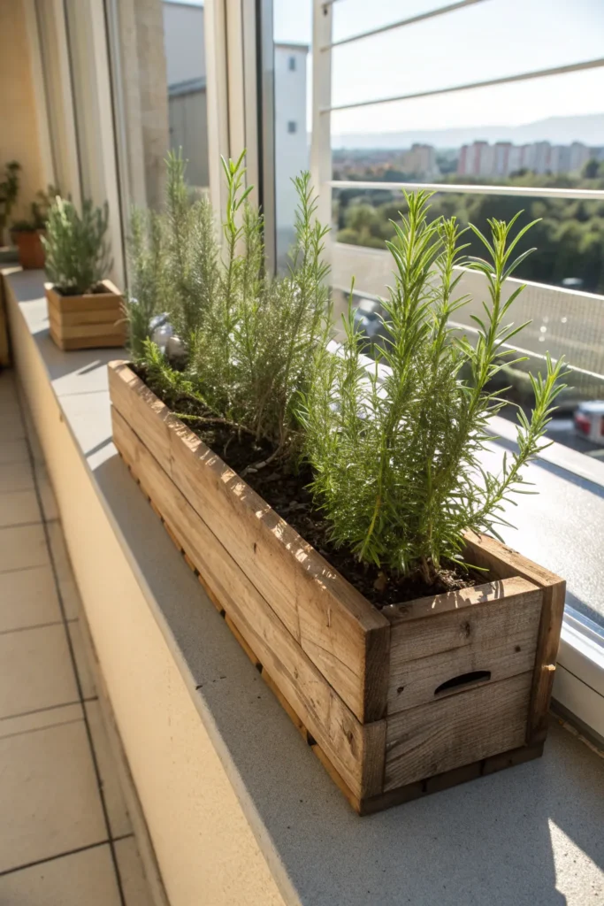 3 rosemary in a wooden box a rustic wooden pla