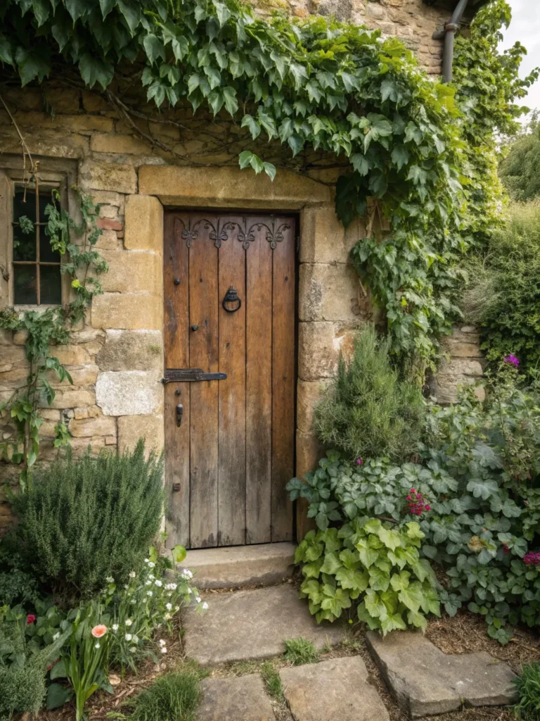 3 rustic wooden door with peeling paint embedded