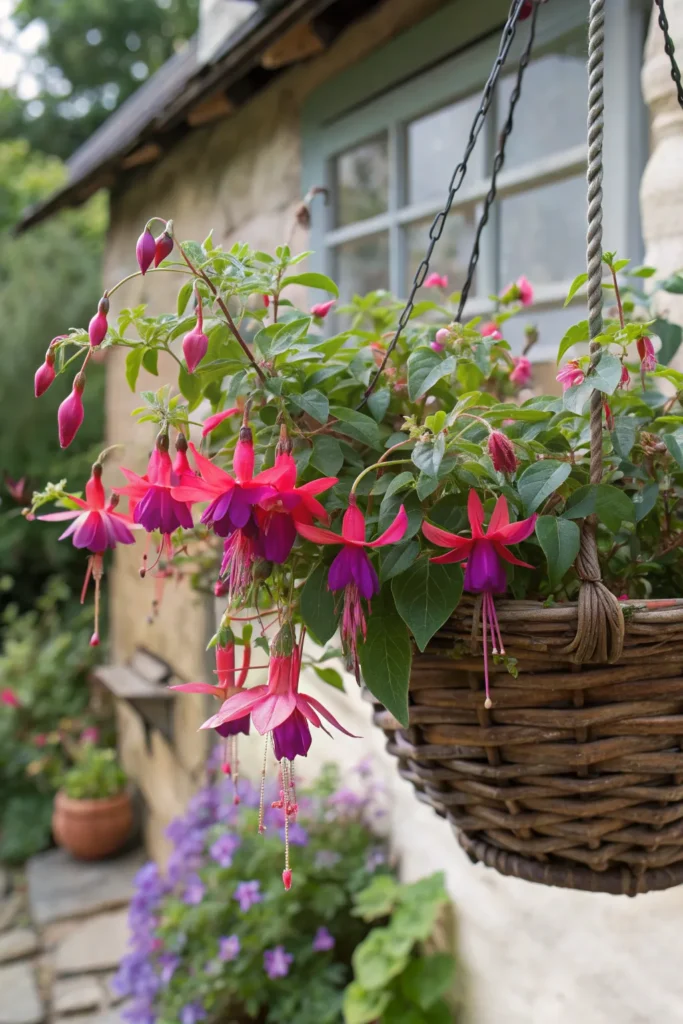 3 trailing fuchsia a hanging basket filled with
