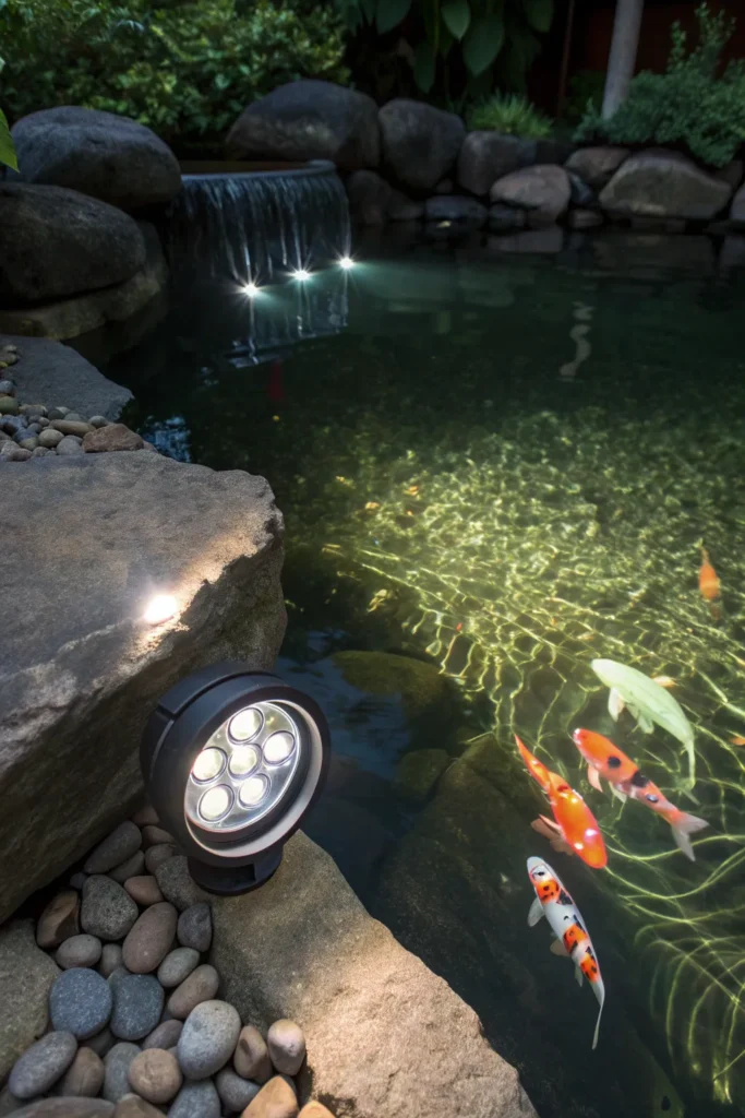 3 underwater led spotlight illuminating koi fish