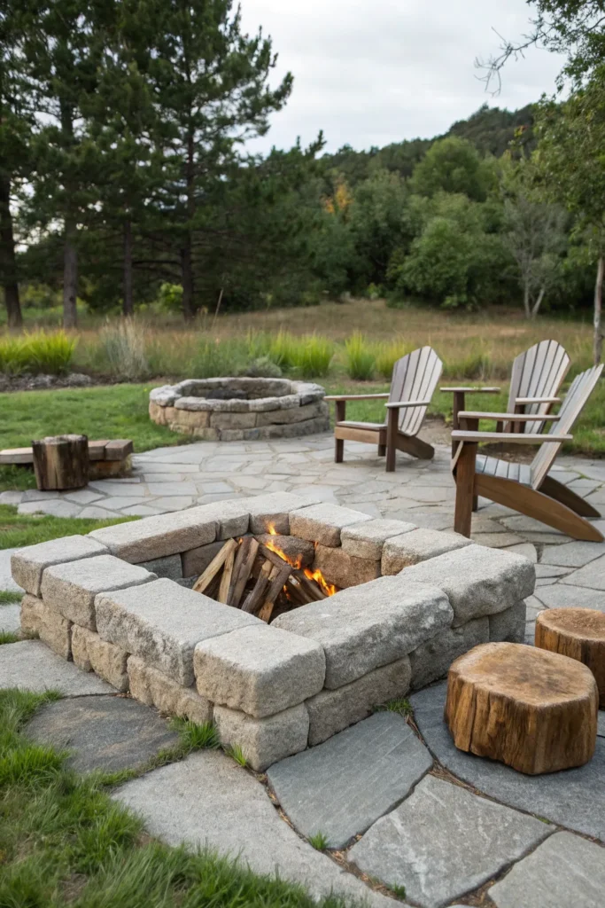 30 a granite block fire pit surrounded by rustic