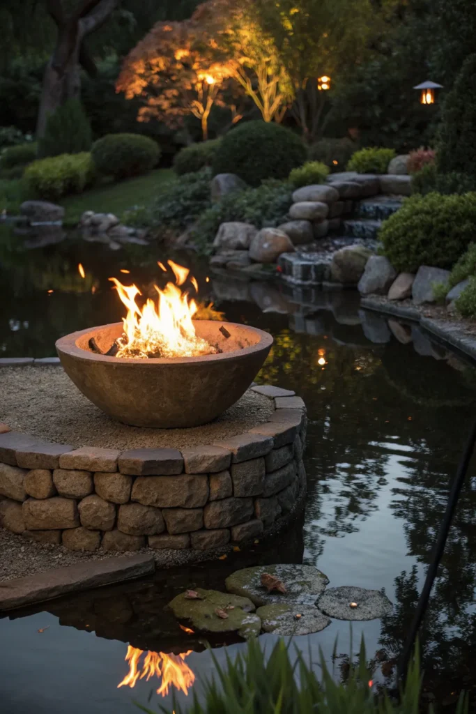 30 a stone fire pit glowing with warm flames bes