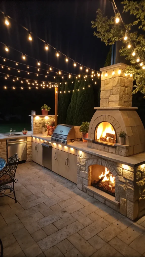 30 outdoor kitchen fireplace with ambient lighti