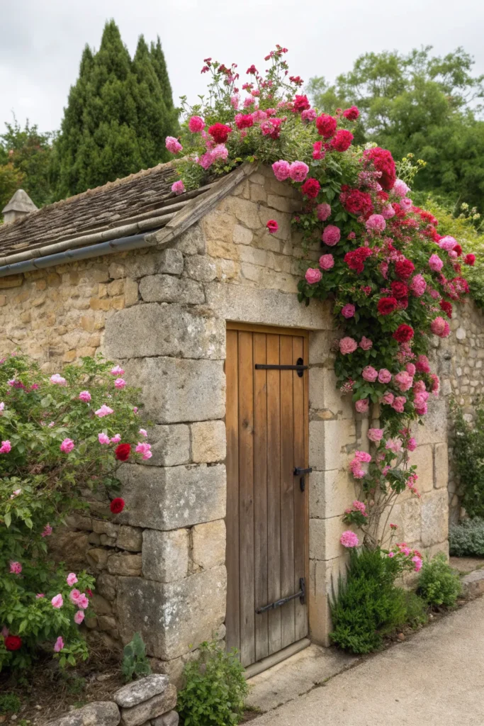 30 rustic stone garden shed with climbing roses