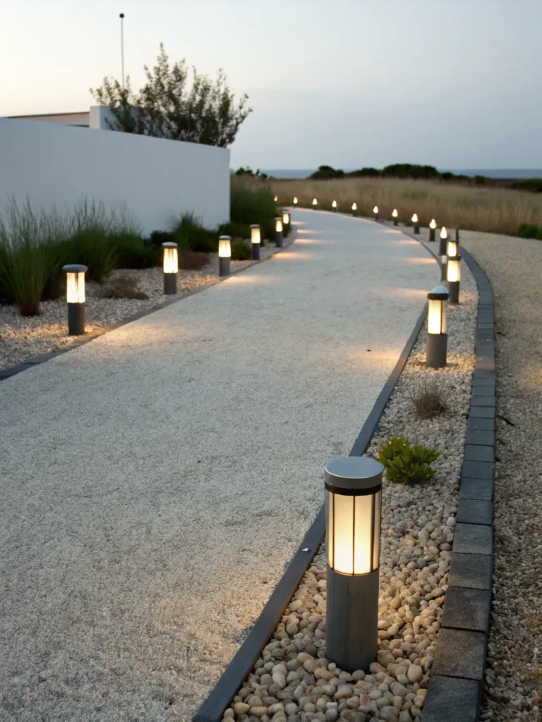 30 short modern bollard lights guiding the way a