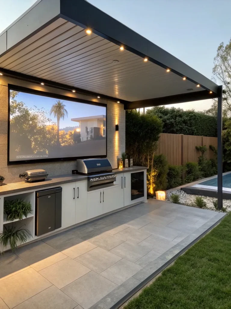 30realistic photo of a modern outdoor kitchen feat