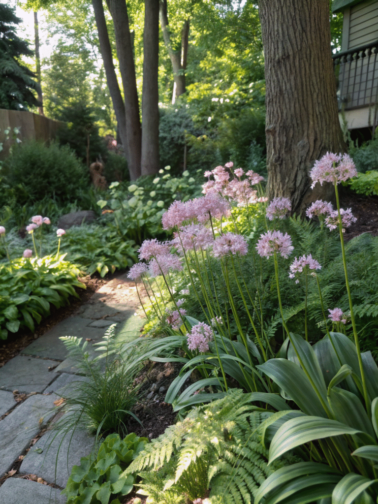 30realistic photo of a shaded garden edge with all