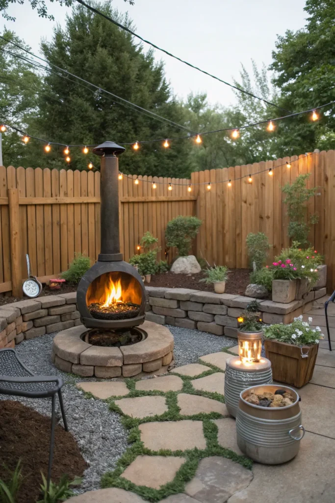 31 a cozy backyard with a portable chiminea as th