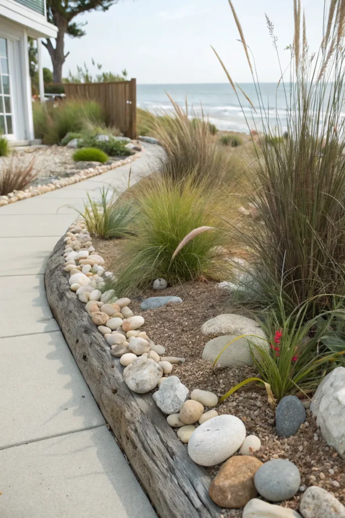31 coastal garden border with beach stones smo
