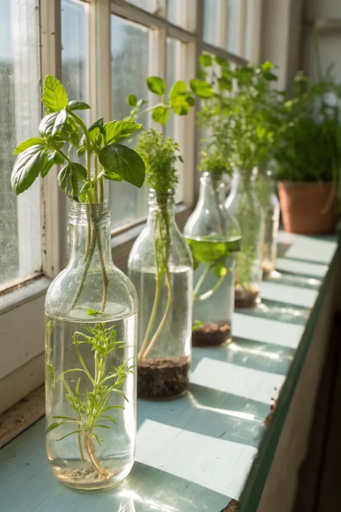 31 glass bottle hydroponics row of clear glass