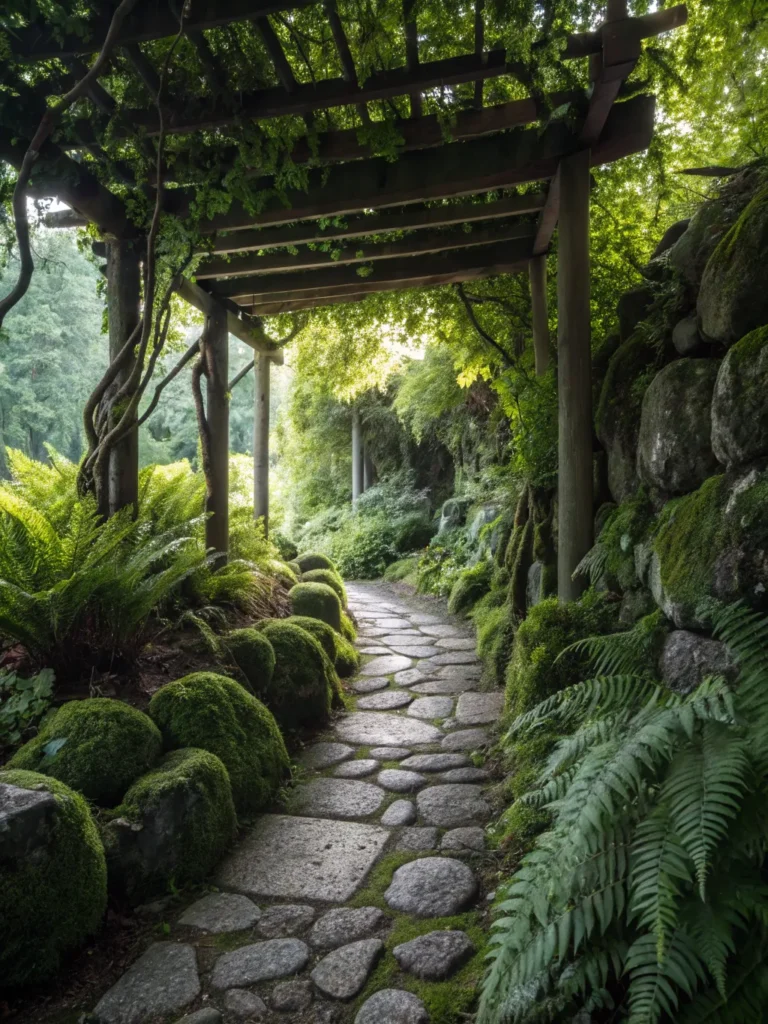 31 realistic scene of a shaded arbor flanked by d
