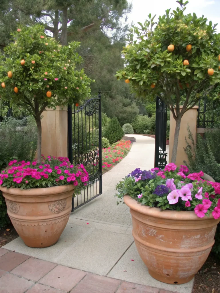 31 two oversized terracotta pots filled with petu