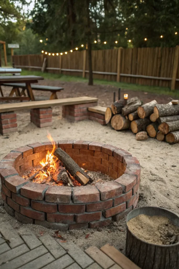 32 a brick and sand fire pit surrounded by a rust