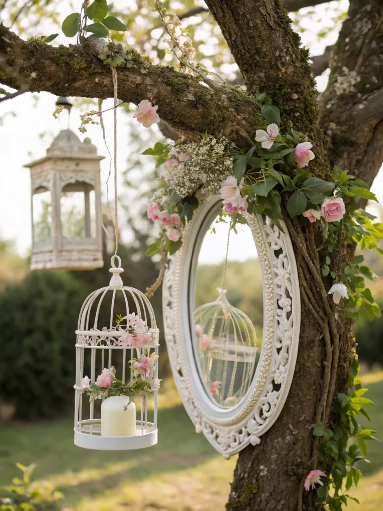 32 a mirror encased in a decorative white birdcag