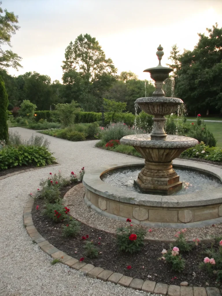 32 small tiered fountain in the center of garden