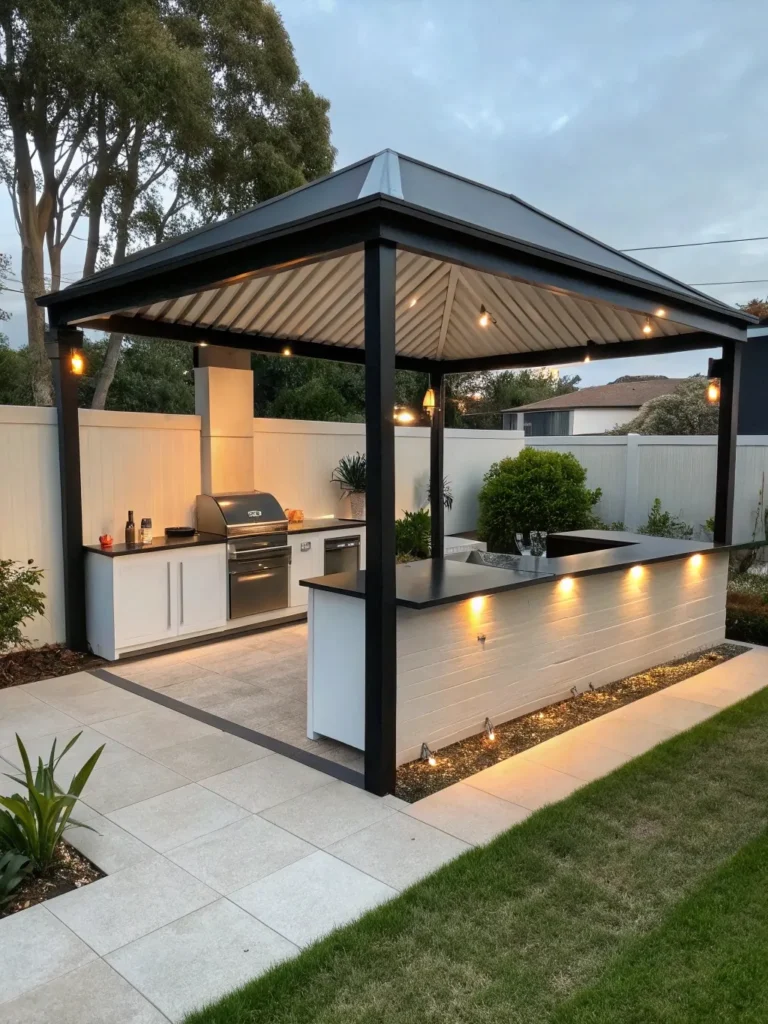 32realistic photo of a modern outdoor kitchen feat