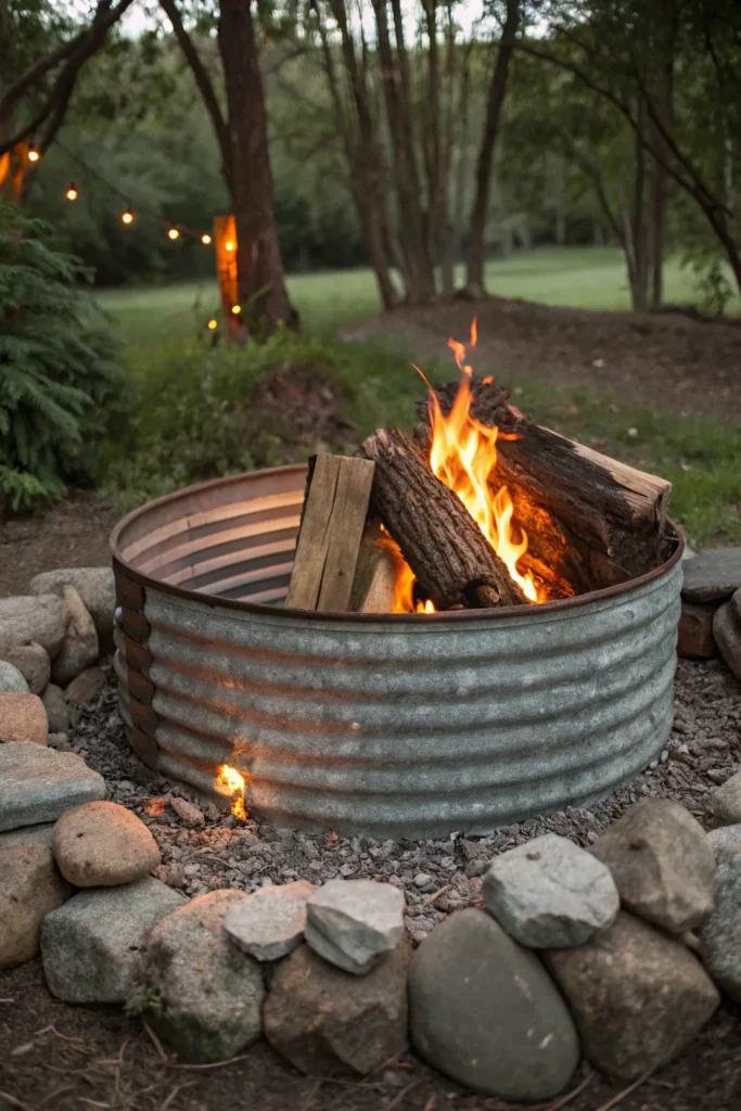 33 a rustic fire pit made of corrugated steel su