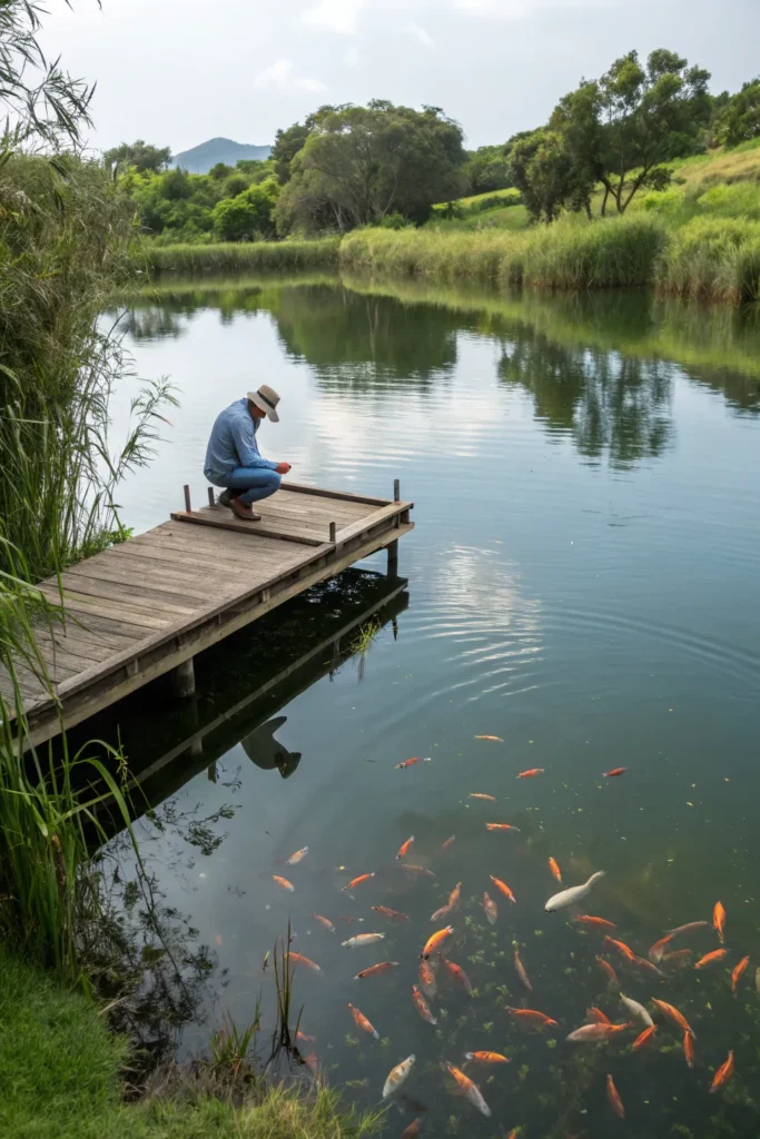 33 fish feeding pond a small dock over a pond