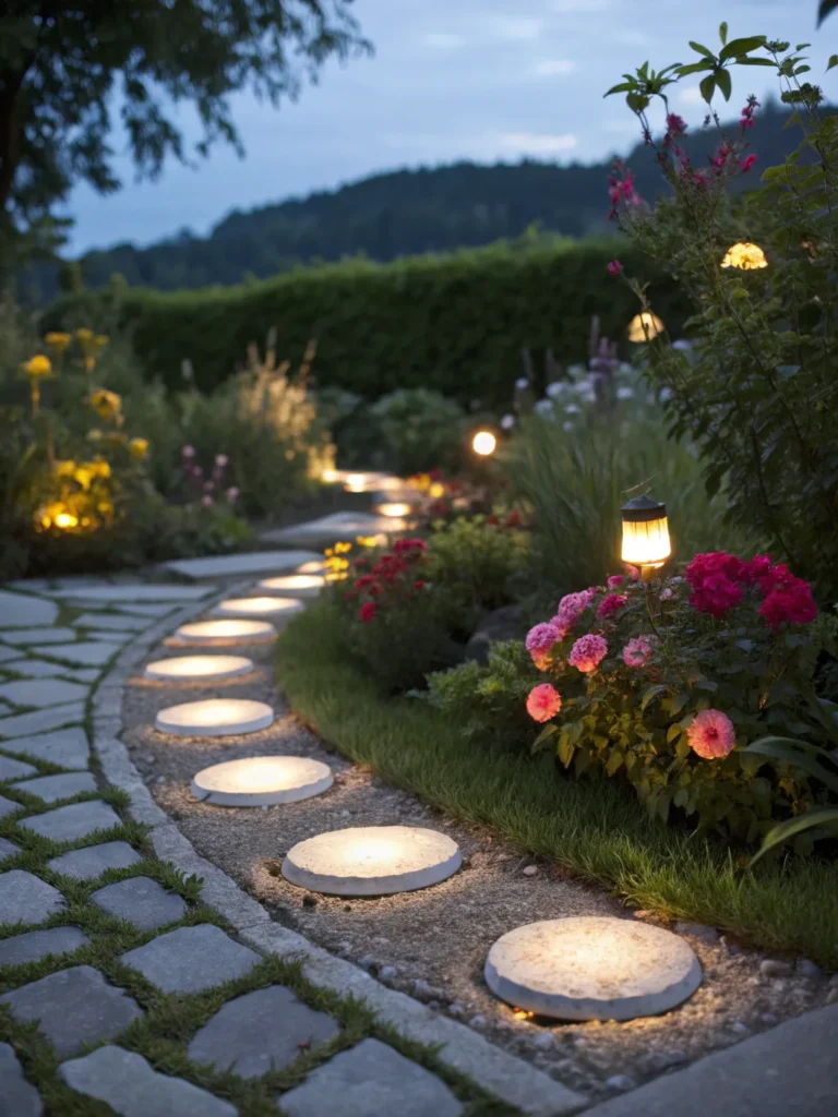 33 pathway of glowing pebbles lining a stepping s